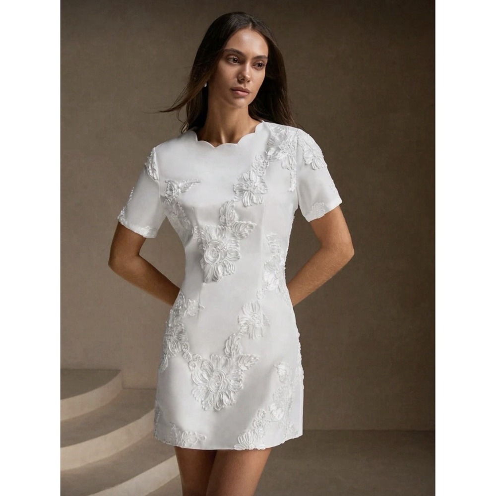 Anewsta Women Mini Dress Large White Floral Embroidery Elegant Wedding Formal